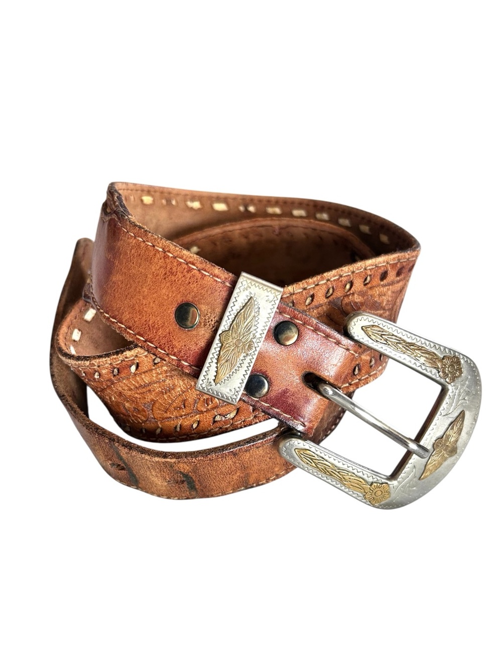 Vintage Hand-tooled Brown Leather Western Belt German Silver Buckle Size 34